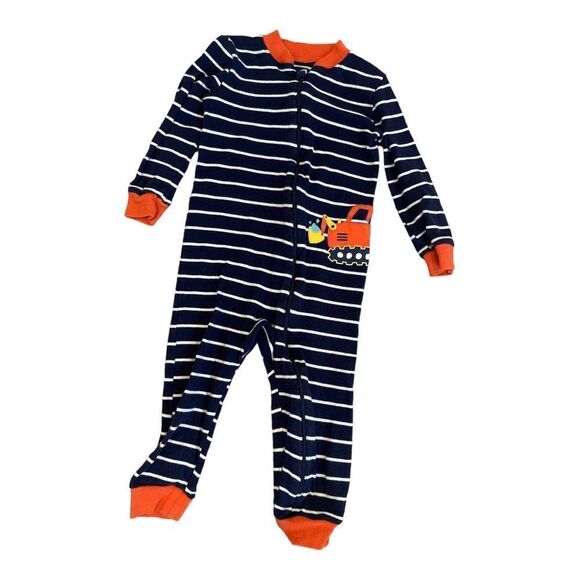 Little Me Other - Little Me Pajamas - Boys Construction One Piece Full Zip PJ Striped Navy Blue